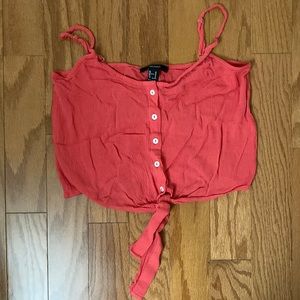 Coral button down spaghetti strap crop tank with front tie